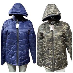 VIGO Reversible Blue & Camouflage Hooded Jacket Down Alternative Outdoor Medium